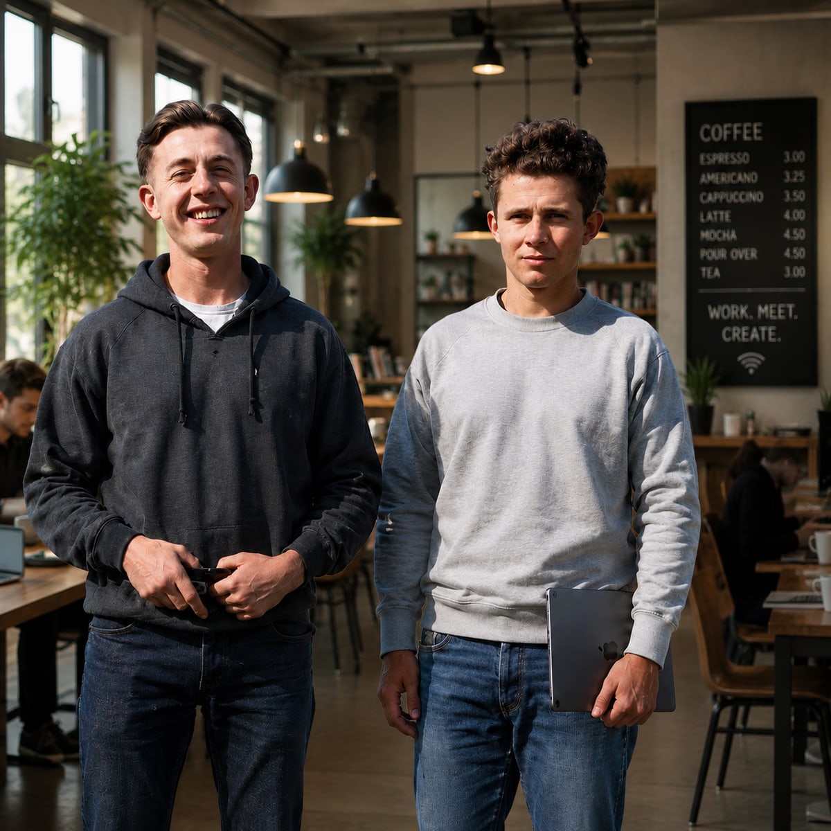 Two modern builders in a coffeeshop workspace, evoking the original CCC enrollees portrait