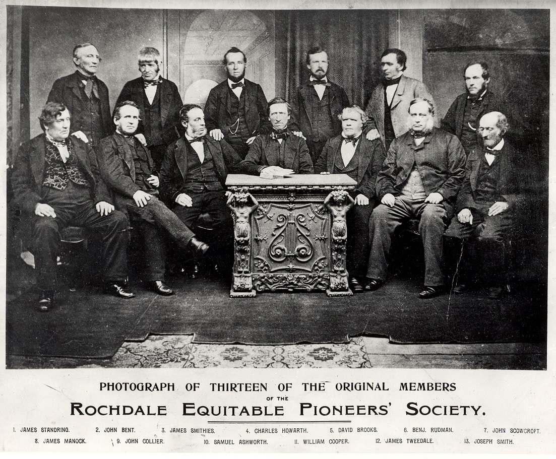 1865 group portrait of surviving members of the Rochdale Society of Equitable Pioneers, founders of the modern cooperative movement at 31 Toad Lane, Rochdale, England.